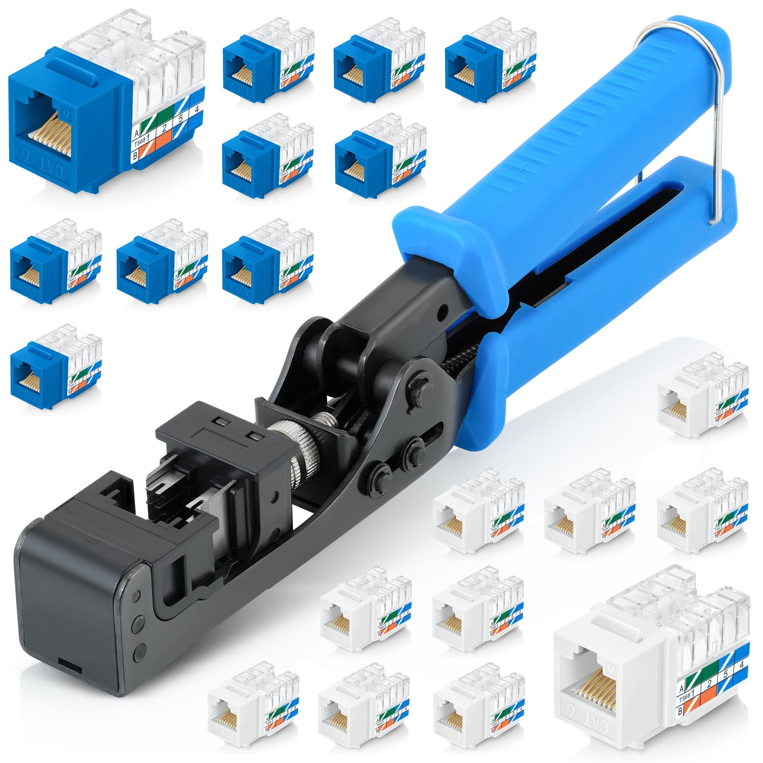 Photo 1 of Everest easyJACK - 90° Angled Speed Termination Keystone Tool Set - with 20-Pack of RJ45 Slim Profile Cat6 Keystone Jacks (10 Blue & 10 White) - Time Saver Network Cat6 Punchdown Tool