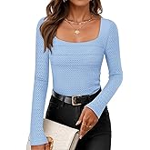 ZESICA Women's Long Sleeve Shirts 2026 Spring Fashion Square Neck Slim Fit Basic Going Out Tops Trendy Outfits