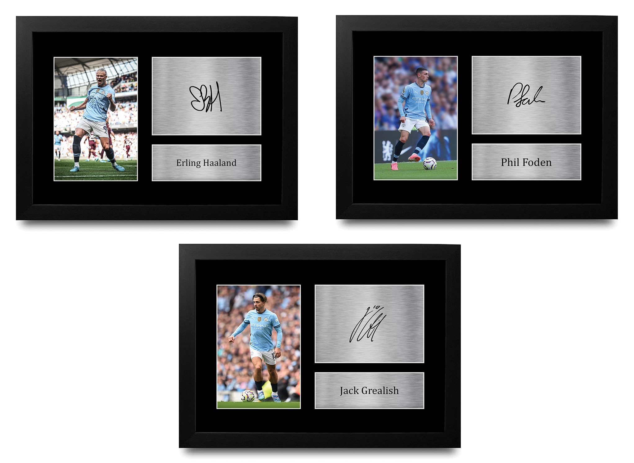 HWC Trading Haaland, Grealish & Foden Manchester City Gifts Printed Signed Autograph Pictures for Football Fans and Supporters - A4 Framed
