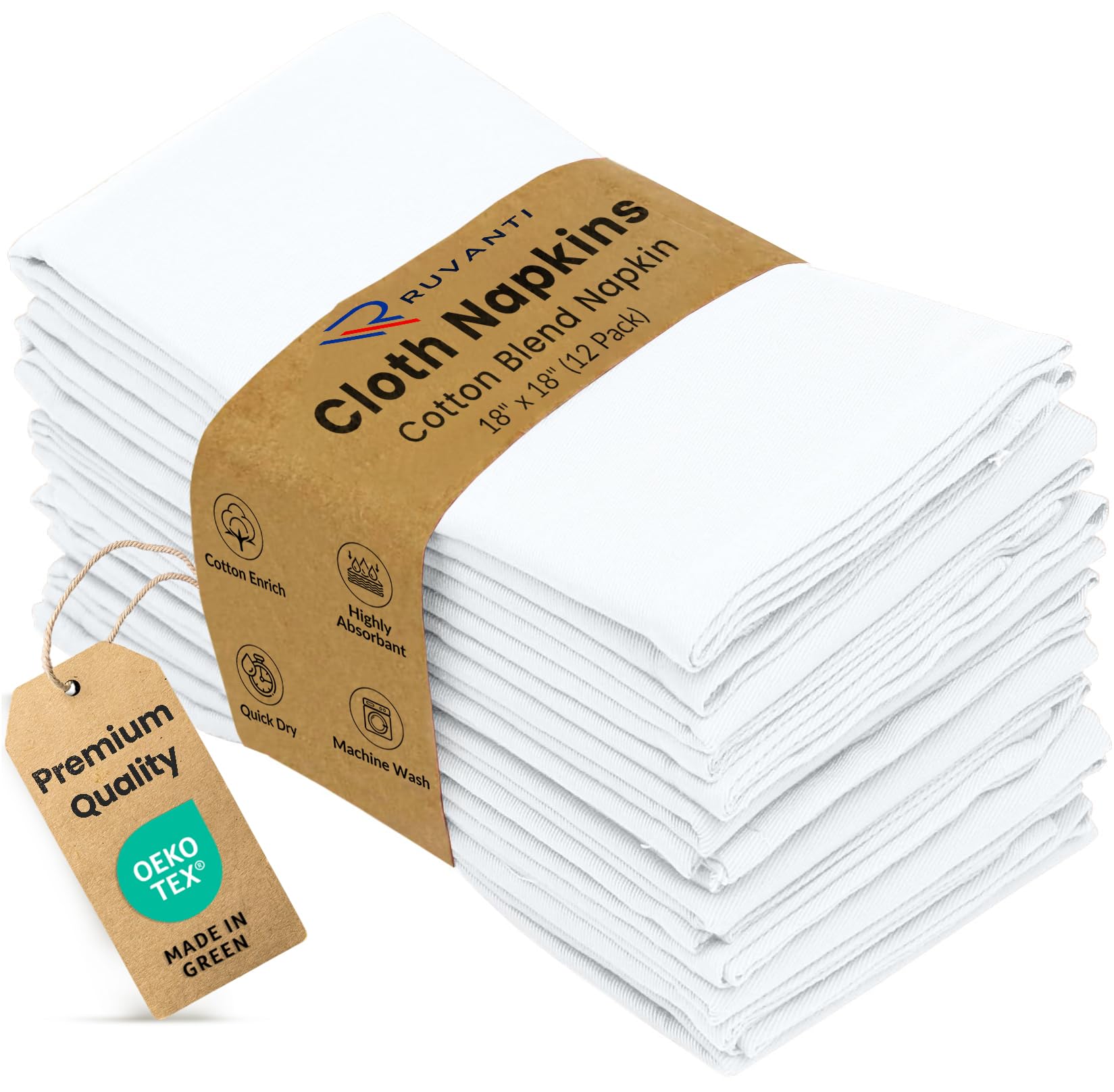 Ruvanti 12 Pack 18x18 Inch White Cotton Blend Cloth Napkins, Soft & Comfortable, Perfect for Dinner, Weddings, Cocktail Parties