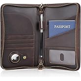Polare Full Grain Leather Passport Holder With YKK Zipper RFID Blocking Travel Document Organizer Ticket Holder Cover Case Holds 2 Passports (Dark Brown with AirTag Slot)