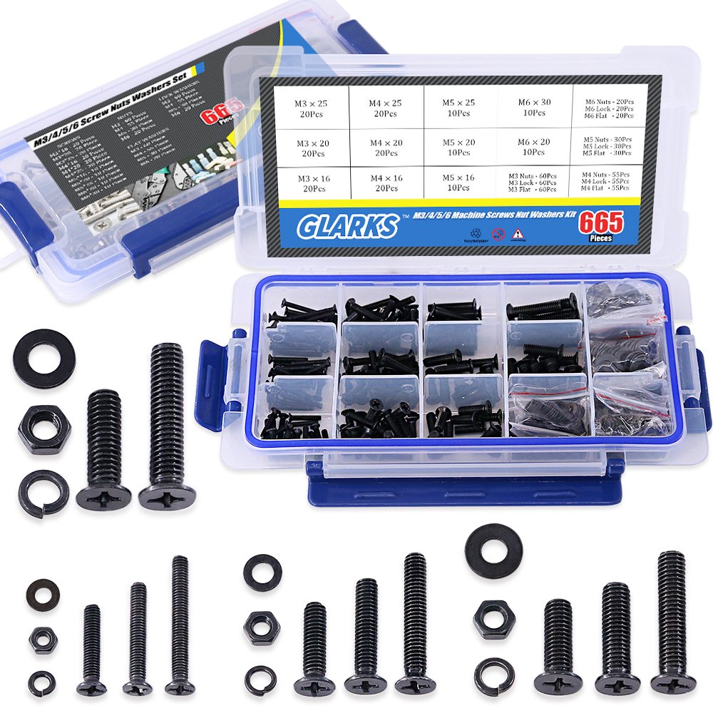 Glarks 665Pcs Alloy Steel Flat Head Machine Screws Bolts Nuts and Flat Gasket Spring Washers Assortment Set, Fully Threaded, Black Oxide Finish