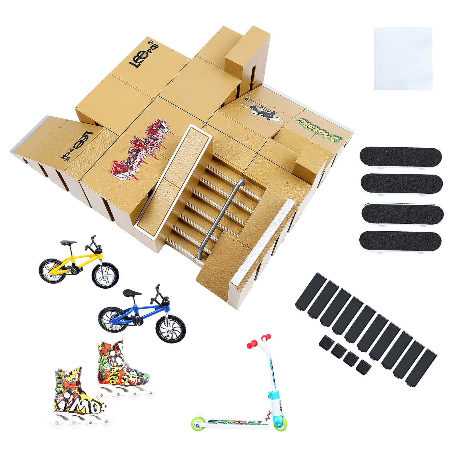 Skate Park Kit Ramp Parts for Finger Skateboard Park Kit Part Training Props with 4 Finger Decks 2 Finger Bike 1 Pair Skates and 1 Scooters