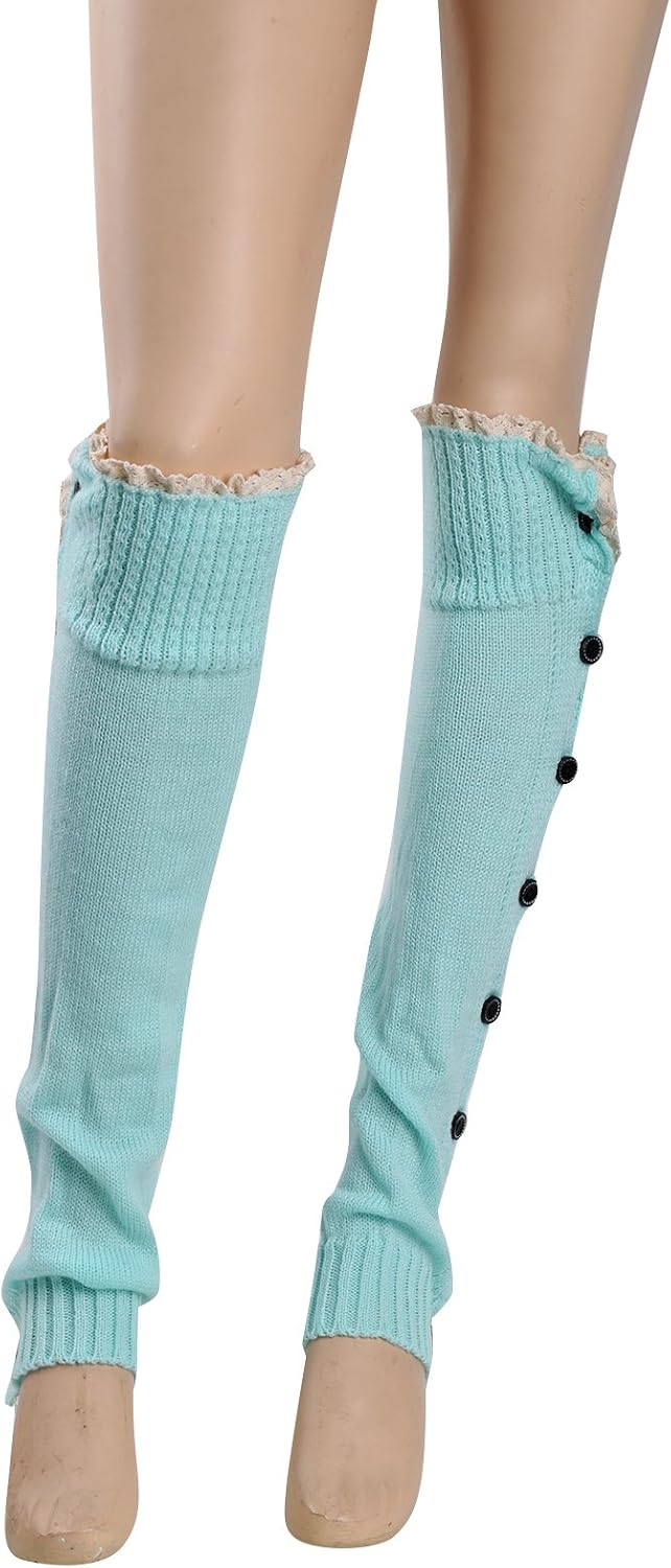 HnB Women Knee High Knit Flat Button Down Crochet Lace Trim
