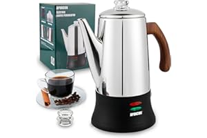 APOXCON Electric Coffee Percolator Stainless Steel Coffee Maker with Two Heat Resistant Glass Knob & Treated Solid Wood Handle Keep Warm Cordless Serve Elegant Design Coffee Pot On/OFF Switch 8 Cup