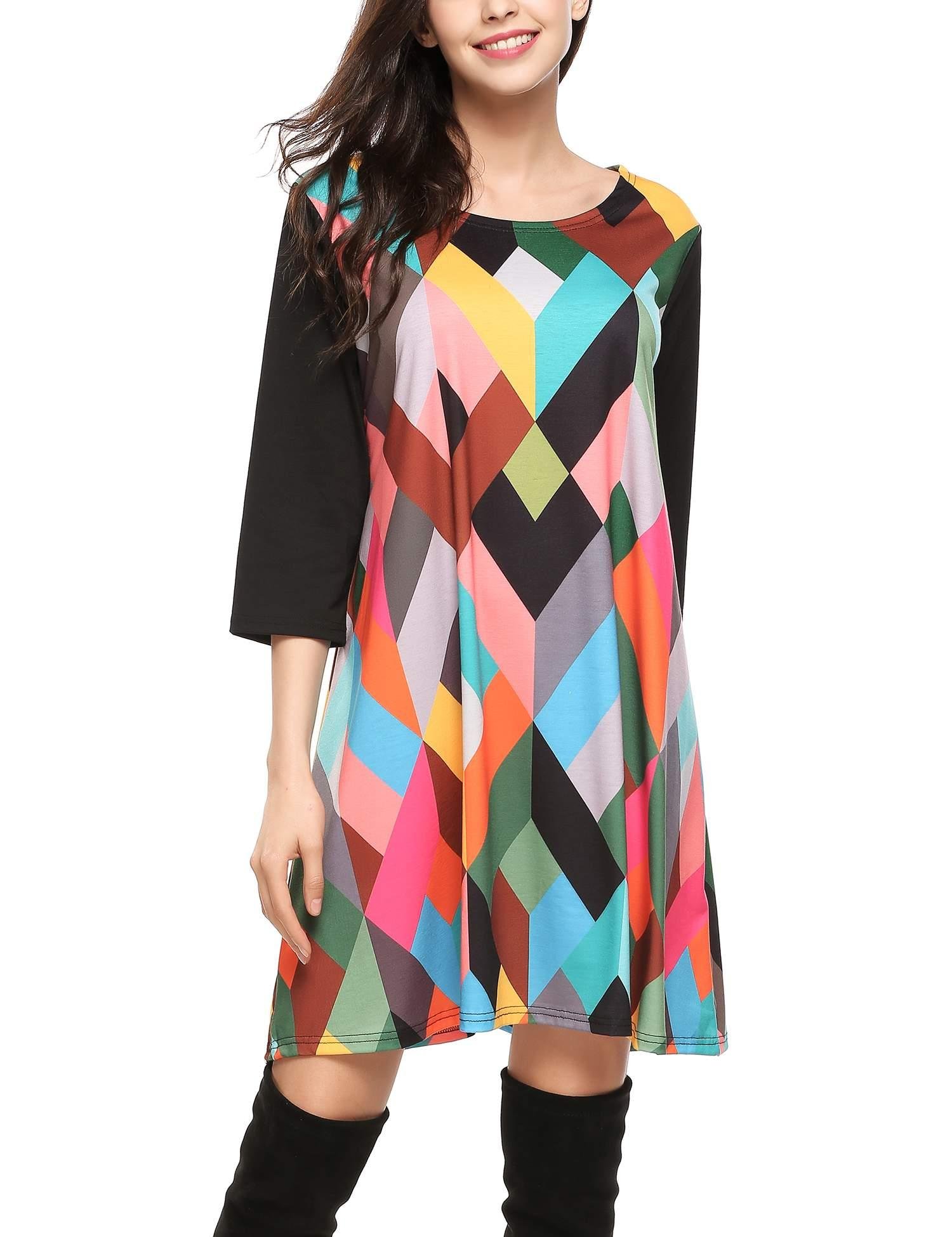 Zeagoo Women\'s Geometric Prints Loose Casual Summer Fall Tunic Top Dress Black XXL