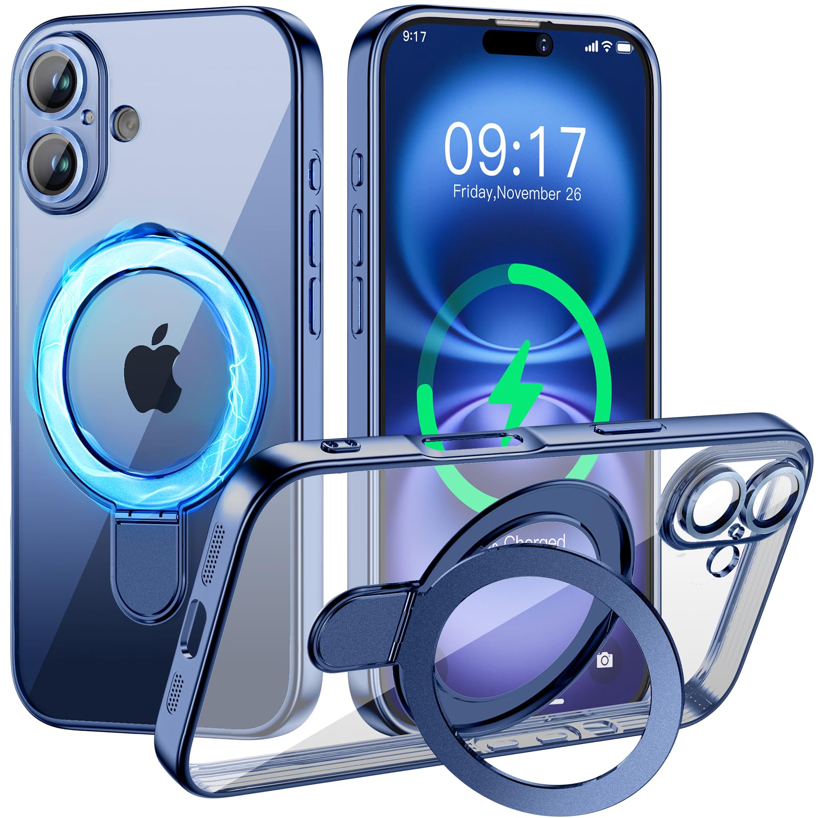 Photo 1 of Magnetic for iPhone 16 Case with Invisible Stand[Compatible with MagSafe][Full Camera Lens Protector][Military Drop Protection] Shockproof Not Yellowing Clear Soft Slim for Women Men, Blue