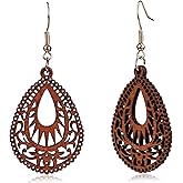Desnuage Vintage Boho Wooden Earrings for Women Handmade African Teardrop Wood Dangle Earrings Lightweight Hollow Bohemian Jewelry
