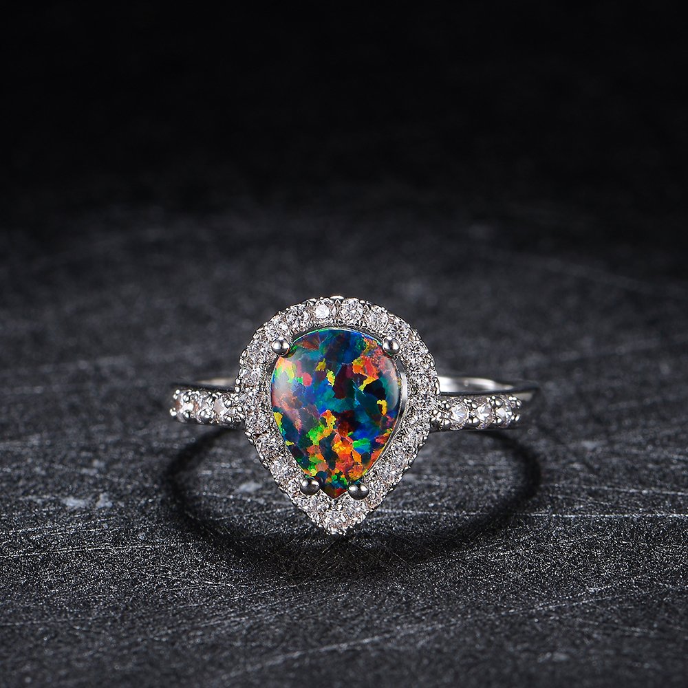 Dnswez Teardrop CZ Cubic Zirconia Green Fire Opal Ring Silver Statement Band Ring(8)