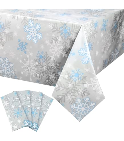 3 Pcs Snowflake Tablecloth - Blue White Snowflake Design, 70x43 Inches, Disposable Plastic For Winter Parties
