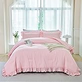 ANGIYUIN 5 Pieces Pink Twin Size Comforter Set for Girls Ruffled Kids Bed in A Bag with Sheet Sets Farmhouse Shabby Bedding Sets with Ruffle Soft Fluffy Bed Sets (Pink Twin)