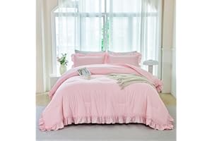 ANGIYUIN 5 Pieces Pink Twin Size Comforter Set for Girls Ruffled Kids Bed in A Bag with Sheet Sets Farmhouse Shabby Bedding Sets with Ruffle Soft Fluffy Bed Sets (Pink Twin)