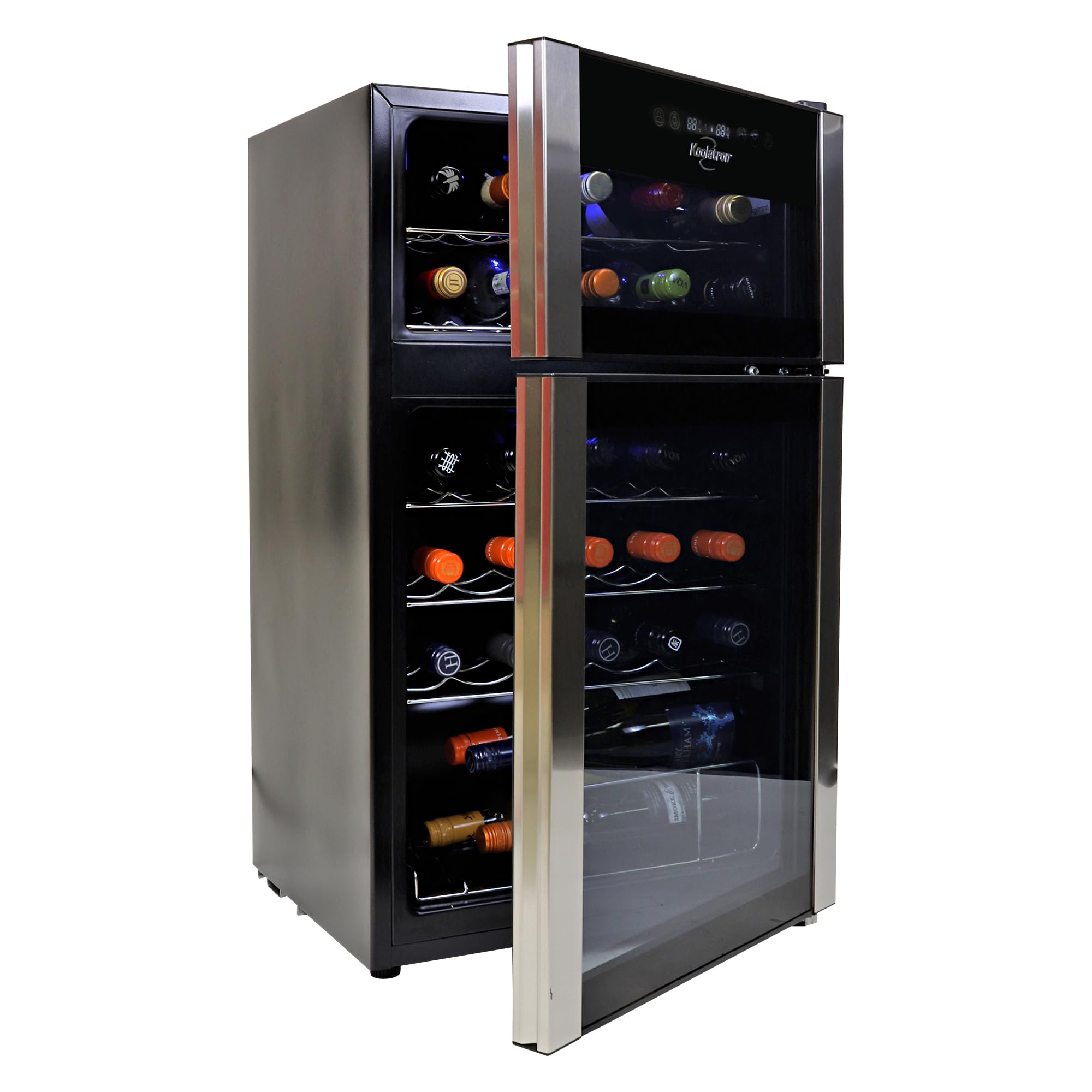 Koolatron Wine Fridge - Wine Cooler, 29 Bottle Wine Cabinet for Champagne, Red & White Wine, Dual Zone Freestanding Cellar For Bar, Home, Kitchen, Double Paned Glass Door, (86L)