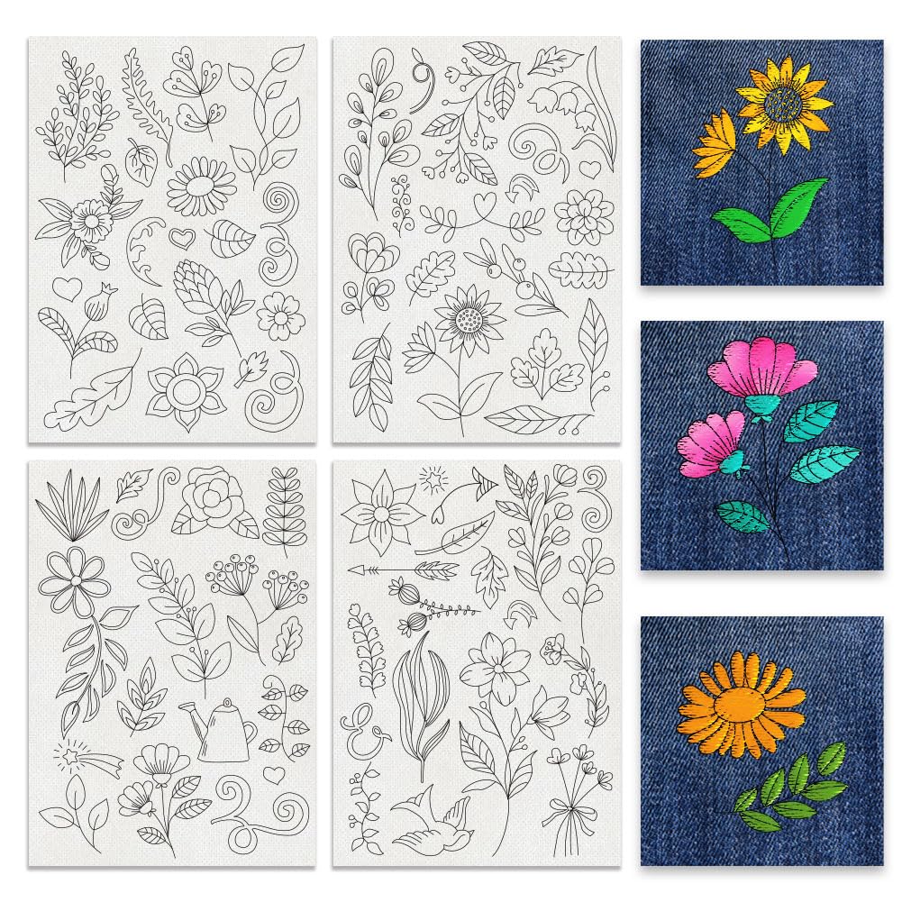 BENECREAT 4 Sheets 74Pcs Plant Water Soluble Embroidery Patterns, 29.7x21cm Flowers Grasses Stick and Stitch Embroidery Paper Stabilizer for Hand Sewing Lover Beginners