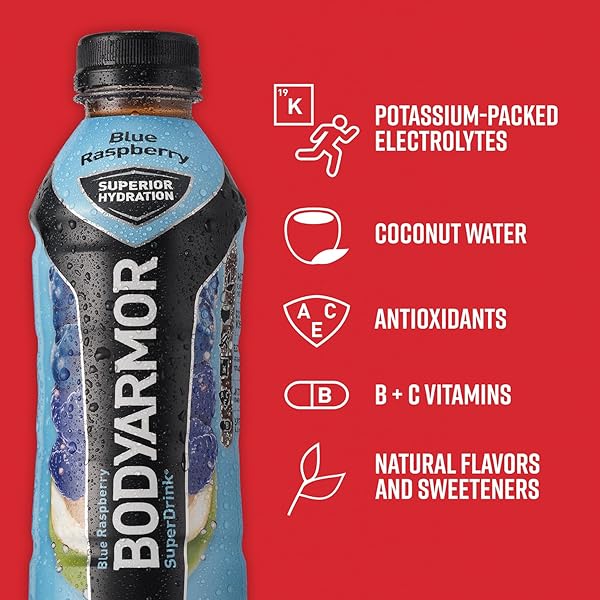 BODYARMOR SPORTS DRINK SPORTS BEVERAGE, BLUE RASPBERRY, COCONUT WATER HYDRATION, NATURAL FLAVORS WITH VITAMINS, POTASSIUM-PACKED ELECTROLYTES, PERFECT FOR ATHLETES, 16 FL OZ (PACK OF 12)