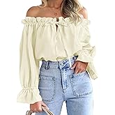 Imily Bela Womens Off The Shoulder Tops Puff Long Sleeve Tie Front Loose Fit Ruffle Shirts Blouses