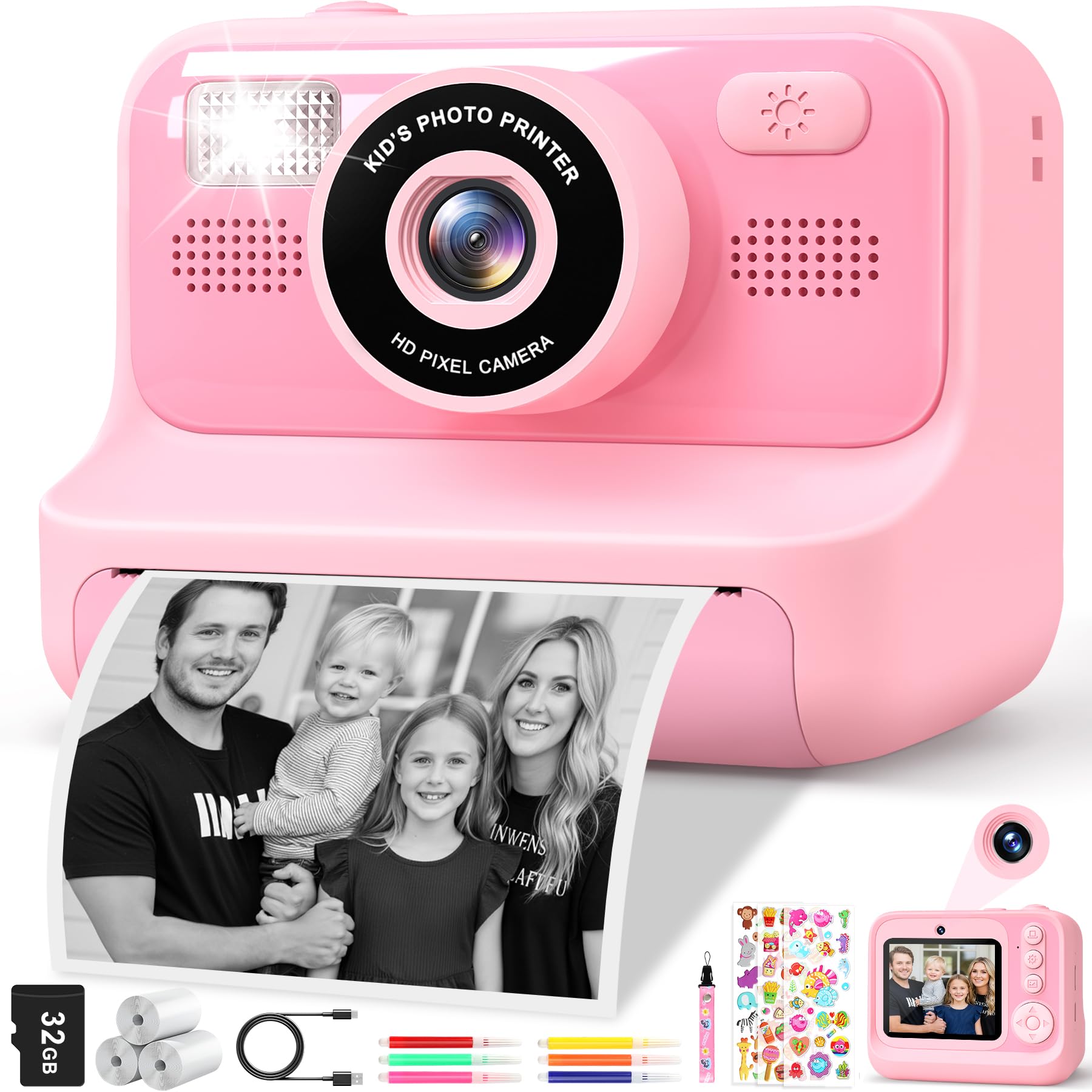 Subtail Kids Camera Instant Print - 2.4'' Instant Camera for Kids with 32GB Card | 3 Rolls Print Paper - 1080P Selfie Kids Digital Cameras - Birthday Kids Toys Gifts for Girls Boys Aged 3-12 - Pink
