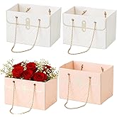 4 PCS Flower Paper Gift Box Bouquet Storage Bucket Florist Handbag with Metal Chain Handbag Flower Bouquet Wrapping Basket Gift Box for Valentine's Day Mother's Day Wedding Birthday Party