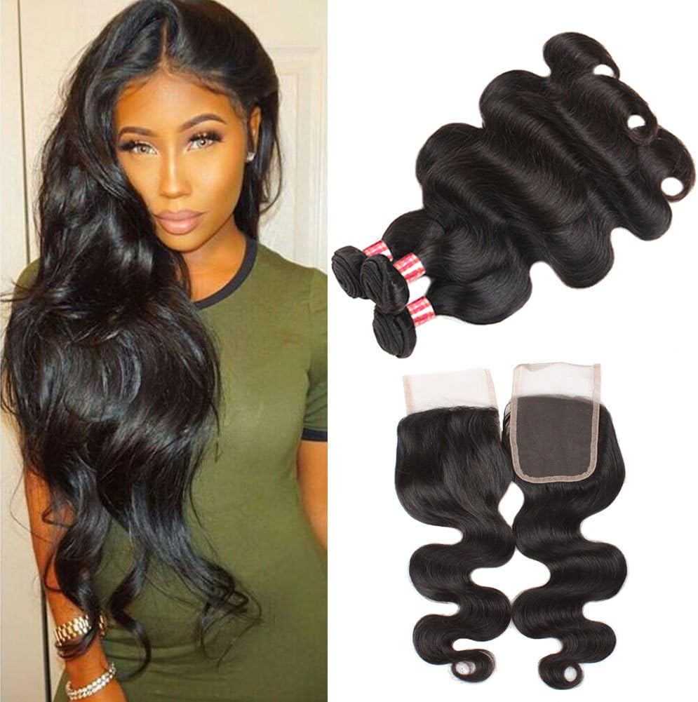 Allove Hair Brazilian Body Wave 3bundles With 4x4 Lace Closure Free Part Unprocessed Human Hair Body Wave Bundles Natural Color(16 18 20+14inch)