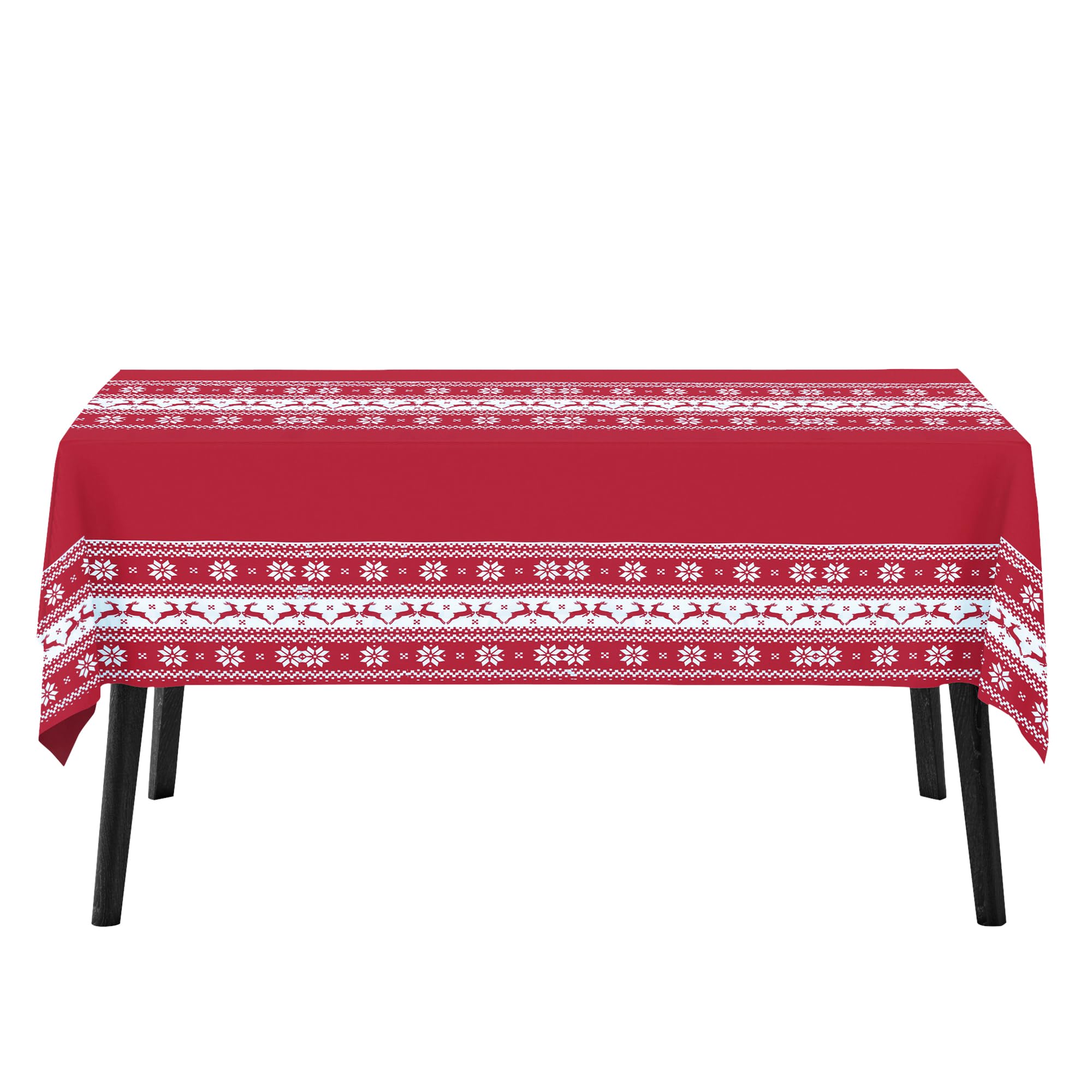 Trimming Shop 90cm x 140cm Red and White Waterproof Polyester Christmas Tablecloth with Snowflake Motifs, Reindeer and Nordic-Inspired Winter Design, Rectangular Festive Dining Table Cover
