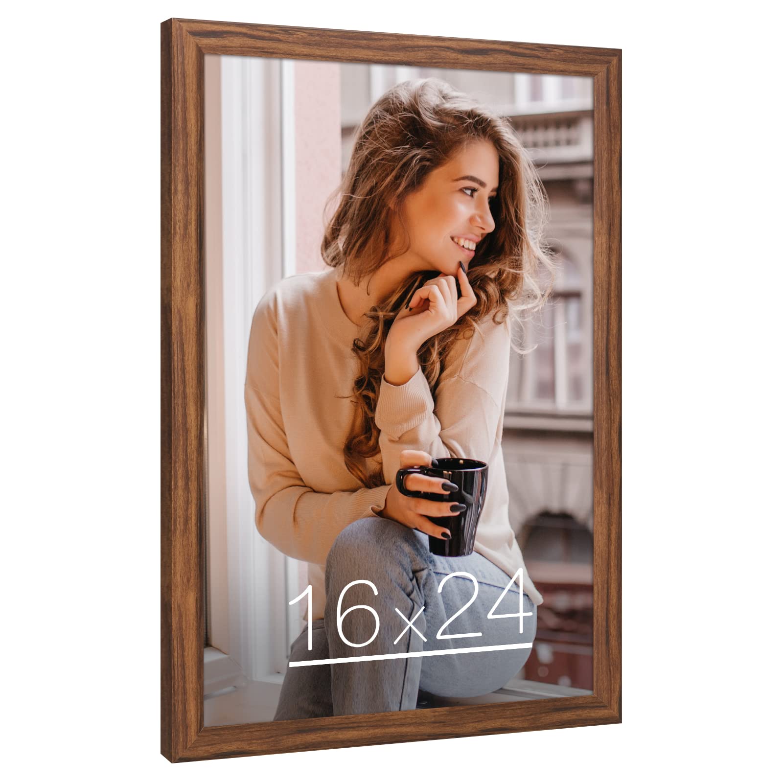 Photo 1 of 16x24 Wood Frame Brown, Rustic Natural 24x16in Woodgrain Picture Poster Frame, Modern Brown 16 x 24inch Gallery Wall Photo Frame with HD Plexiglass, Horizontal Vertical Wall Mounting Display 1pcs