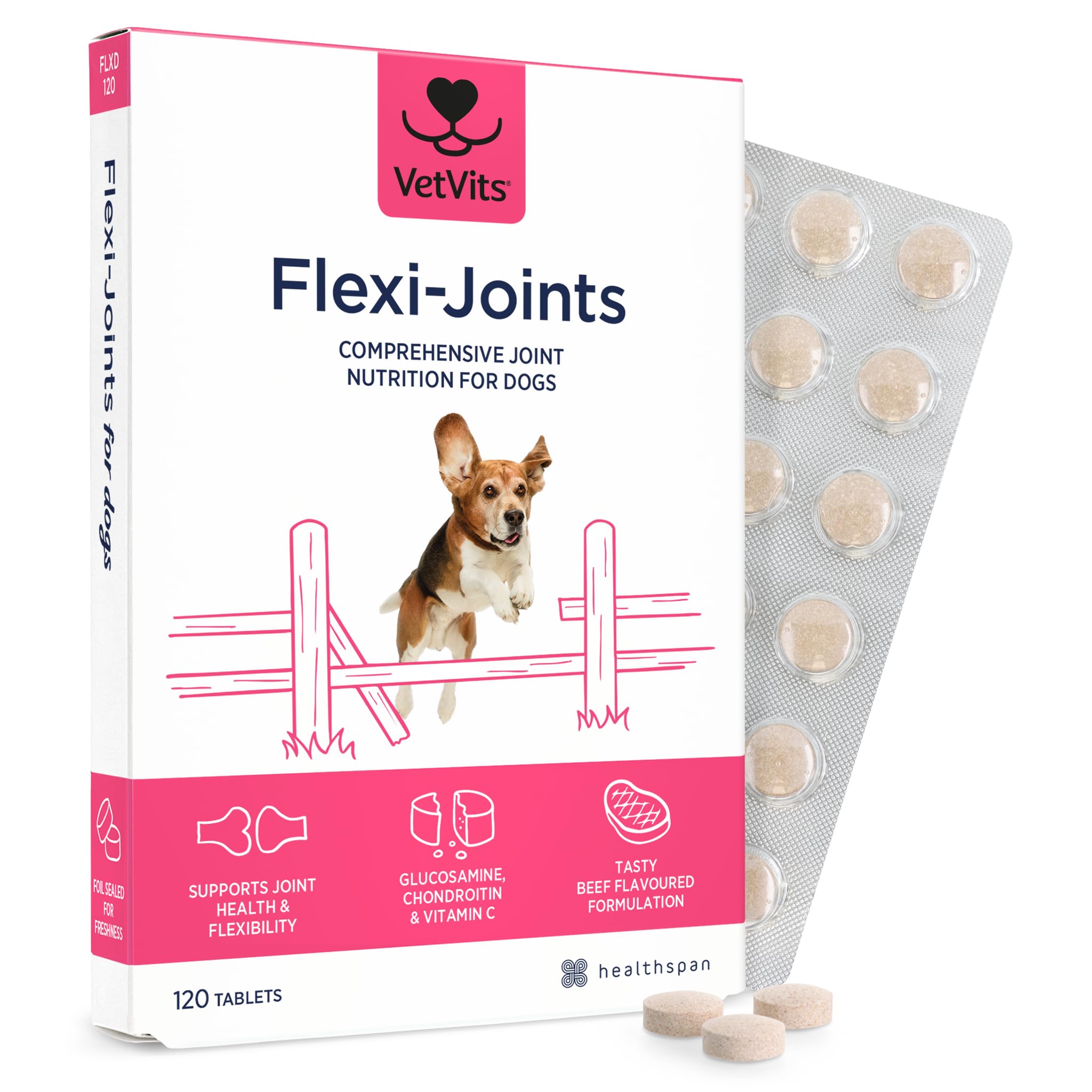 VetVits Flexi-Joints For Dogs | Supports your Dog's Joint Health | Blend of Glucosamine and Chondroitin | With Vitamins C & E | Delicious Beef Flavour (120 Tablets)