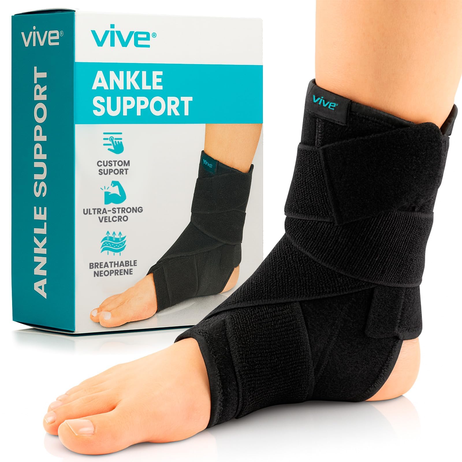 Vive Sprained Ankle Brace for Women, Men - Right or Left Compression Foot Immobilizer Support - Basketball, Volleyball Neoprene Stabilizer Wrap Protector - Tendonitis, Heel Spur, Running Feet Sprain