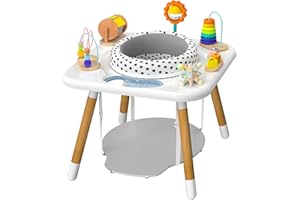 Kizfarm Baby Activity Center, Montessori-Inspired Baby Bouncer with 7 Interactive Toys, 360° Rotating Seat, Wooden Jumper, Play Gym & Toddler Table for Ages 6-36M, Must-Have Shower Gifts