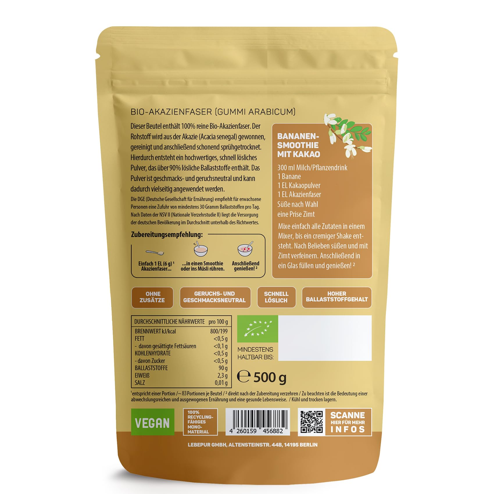 Lebepur BIO Akazienfasern vegan 500g, 90% Ballaststoffe, geschmacks- und geruchsneutral, Akazienfaser Pulver, glutenfrei, ohne Zusatzstoffe, hoher Ballaststoffgehalt mit 90g pro 100g 2