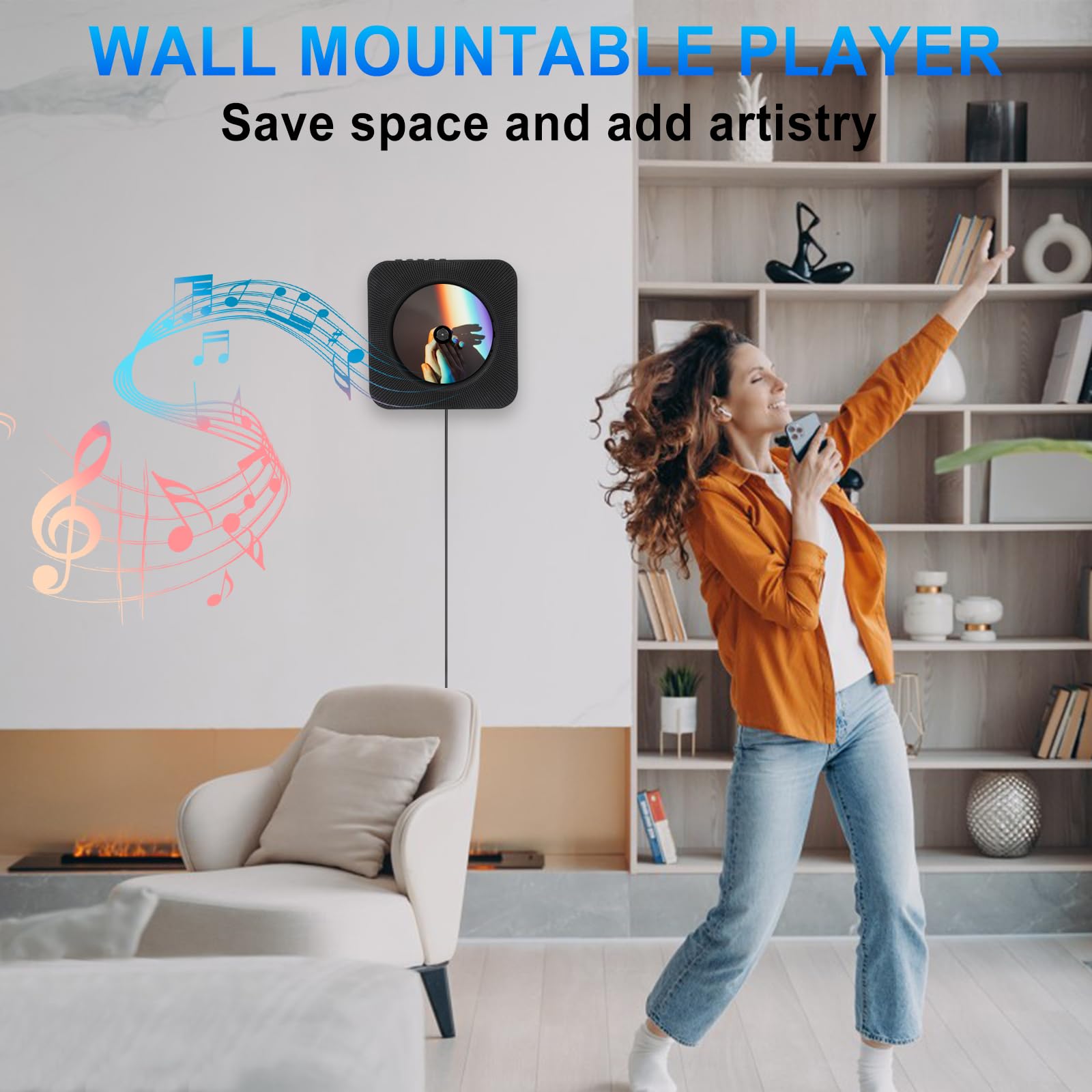 Wall CD Player with Bluetooth, Portable CD Player with Speakers, CD/Bluetooth/FM Radio/USB/AUX, Bluetooth CD Player for Home, HiFi Music Player with Rack