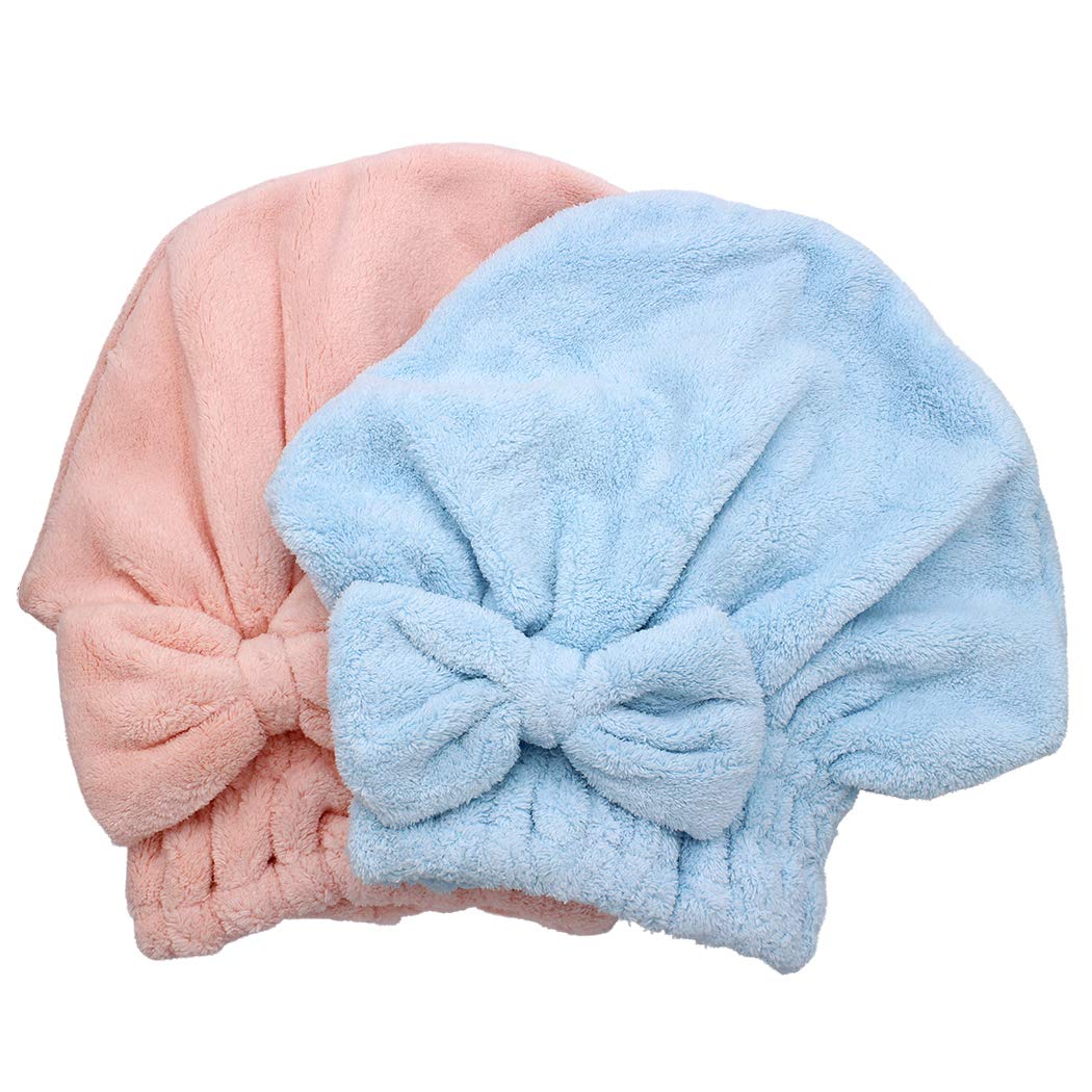 Dianoo 2pc Hair Drying Cap Microfiber, Ultra Absorbent Bath Hat, Quickly Drying Hair Turban Wrap Towels, Soft Shower Cap For Long Thick Hair Women Girls (Pink and Blue)