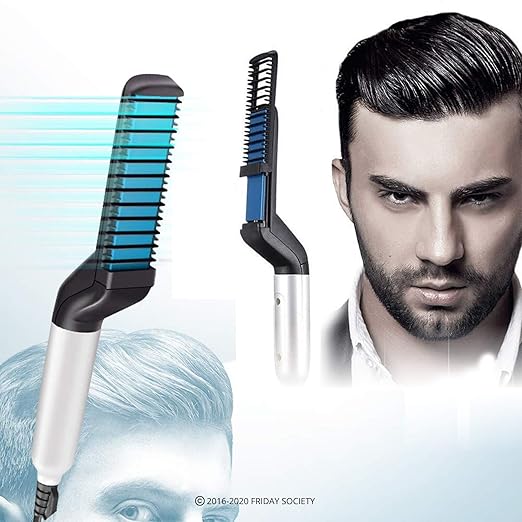 Friday Society Quick Hair Styler & Beard Straightener for Men Professional Quick Styling Comb for Frizz-Free Beard Hair - Ceramic Ionic Heating Control - Portable Brush with Anti-Scald Feature - (Black)