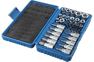 34-Piece for TORX Star Socket & Bit Set with Male/Female E-Security, Chrome Vanadium Steel for T10-T60 & E4-E20, 3/8" & 1/4" 
