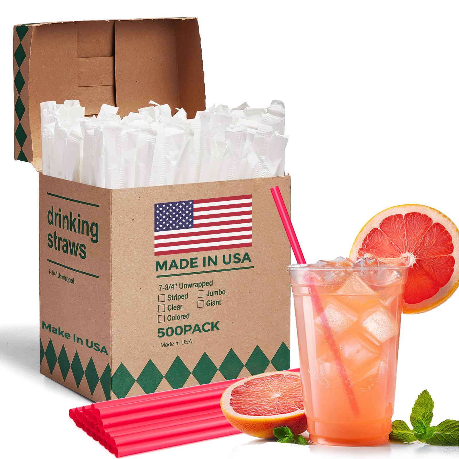 Photo 1 of Glotoch Express 500 PCS Individually Wrapped Red Plastic Straws, 7.75'' Long, 0.24'' Diameter Disposable Drinking Straws for Every Occasion, Party, Made in USA