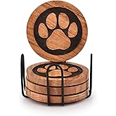 Kimona Coasters Set of 4 Wooden Paw Coaster with Iron Holder Stand for Table Protection, Home Decor, Housewarming Gift (4" x 4" x 0.5")