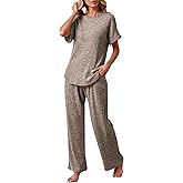 Famulily Womens 2 Piece Ribbed Knit Set Short Sleeve Top and Wide Leg Pants with Pockets Matching Lounge Set