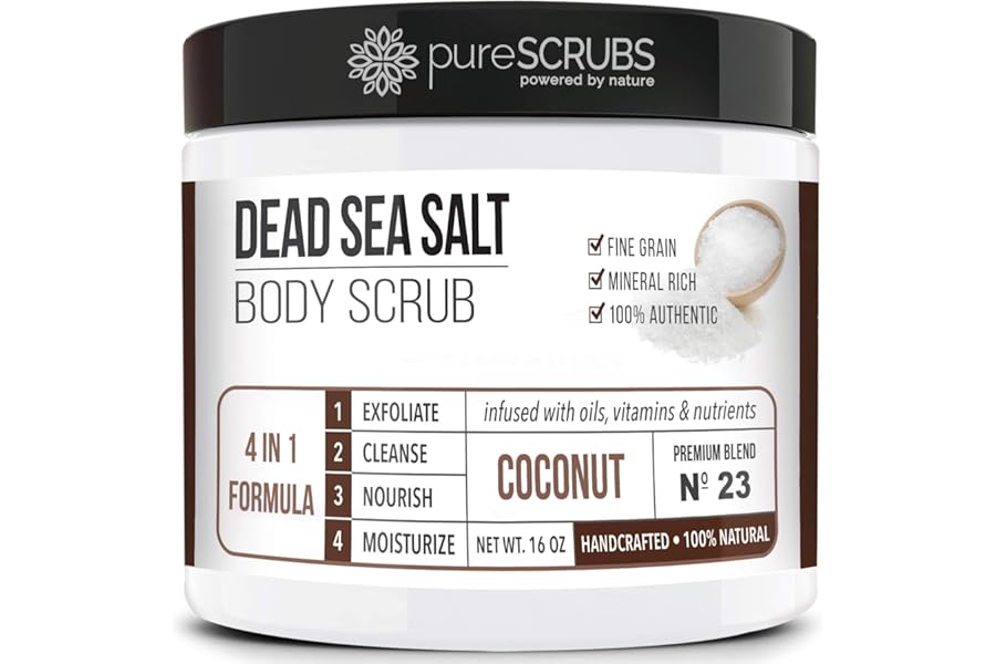 pureSCRUBS Premium Coconut Body Scrub Set – Large 16oz Dead Sea Salt Body Scrub With Infused Essential Oils & Nutrients, Includes Wooden Spoon, Loofah & Oatmeal Exfoliating Bar Soap