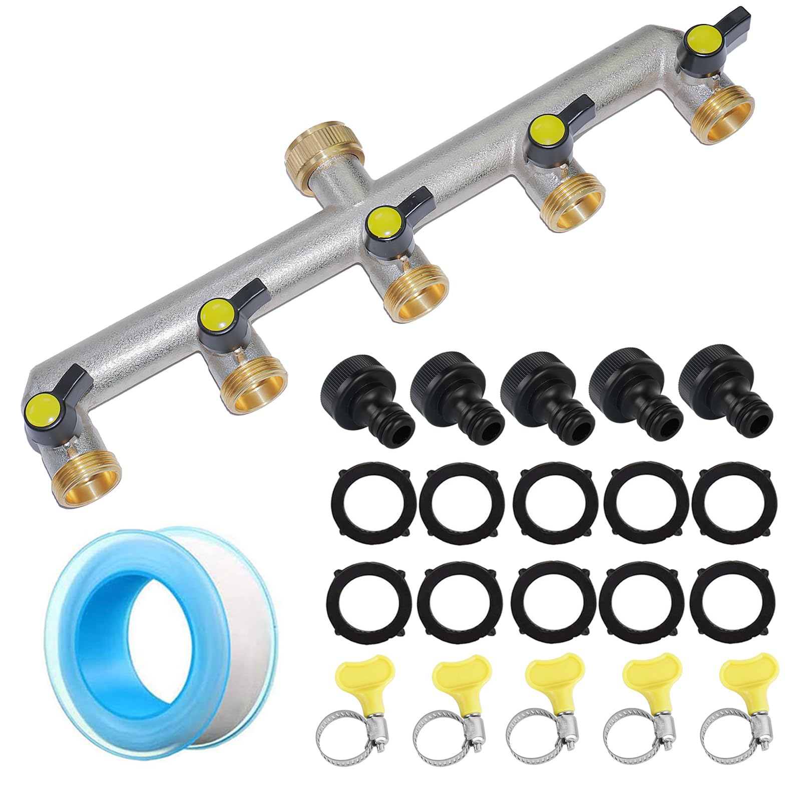 RoseFlower Garden Hose Splitter 5 Way Heavy Duty, Solid Brass Outdoor Faucet Splitter Hose Connector Water Tap Distributor Hose Adapter with Individual On-Off Valve, 10 Rubber Washer, 1 Leakproof Tape