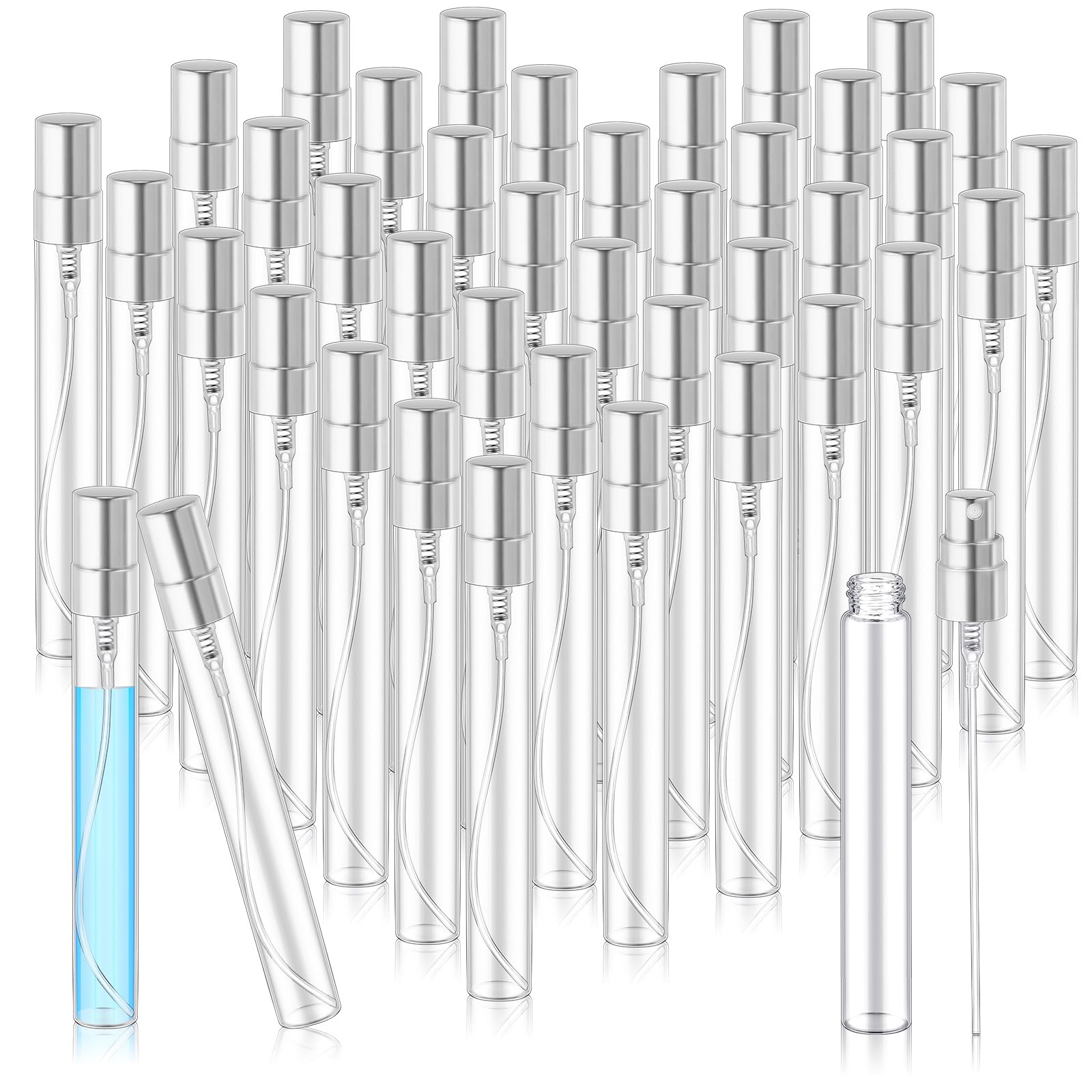 Photo 1 of Zhehao 50 Pcs Mini Spray Bottles 10 ml Clear Glass Perfume Bottles Refillable Fine Mist Perfume Atomizer Portable Empty Sample Containers for Cleaning, Essential Oils, Travel (Silver Cap)
