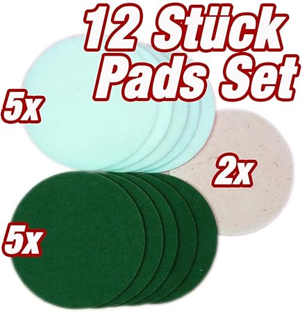 HPS® 12-Stück-Pad Set -5xGrüne, 5xWeiße Pads und 2xSoft-Sheep superweiche Schafwolle Polierpads, Ø30cm - Pflegen - Nachölen -