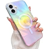 Heaofei Glitter Case for iPhone 16 Plus Case for Women Girls [ Compatible with Magsafe ] Clear Cute Aesthetic Girly Iridescent Feather Sparkly Bling Magnetic Phone Cover, Gradient Blue & Pink