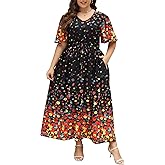 Nemidor Womens Plus Size Maxi Dress Summer Boho Sundress Floral Print Flared Casual Long Dresses with Pocket