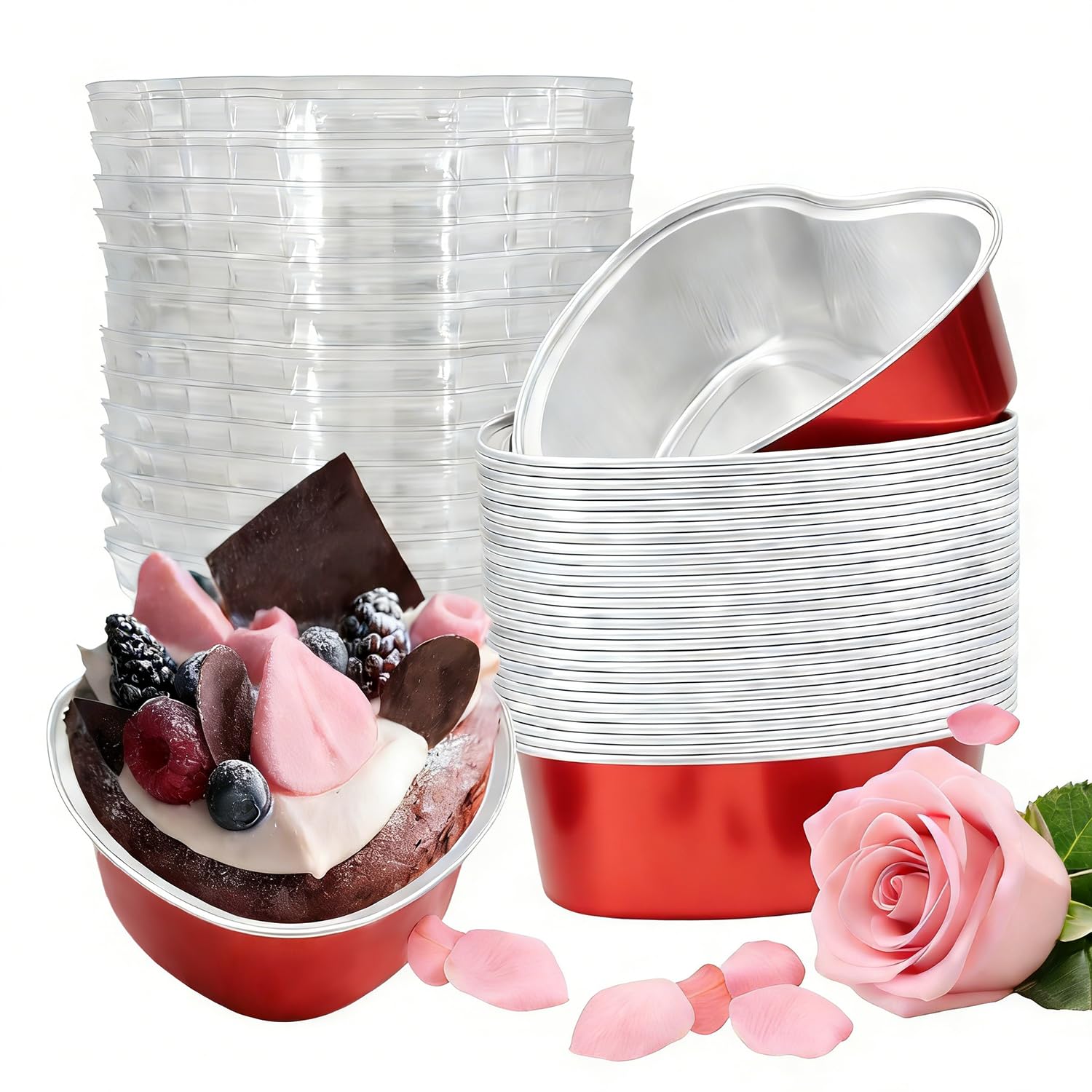 Photo 1 of *** PARTIAL SET *** Obantrsz Heart Shaped Cake Pans, 30 Count Disposable Aluminum Foil Baking Tins with Lids - 3.4 Oz Mini Heart Muffin Pans for Cupcakes, Valentine's Day, Mother's Day, Wedding, Christmas (Red)