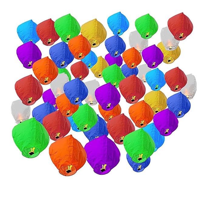 A2Z Full Size 100% Flying Sky Lanterns with 1 Hand Shape LED Light Kwychain (Multicolour) - Pack of 12