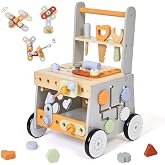 labebe Wooden Baby Walker with Tool Bench, Montessori Push Walker | Interactive Gears, Number Flips, Shape Sorter &amp; Building Tools for Learning and Play, Boys &amp; Girls