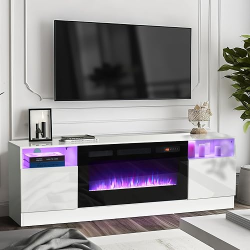 Oneinmil TV Stand With Electric Fireplace - 70" Entertainment Center For TVs Up To 80", White Wood Grain