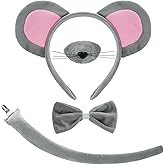 Dxhycc Mouse Costume Accessories Set, Mouse Ears Headband Nose Bowtie and Tail Costume Accessories for Adult Halloween Dress Up Play Party