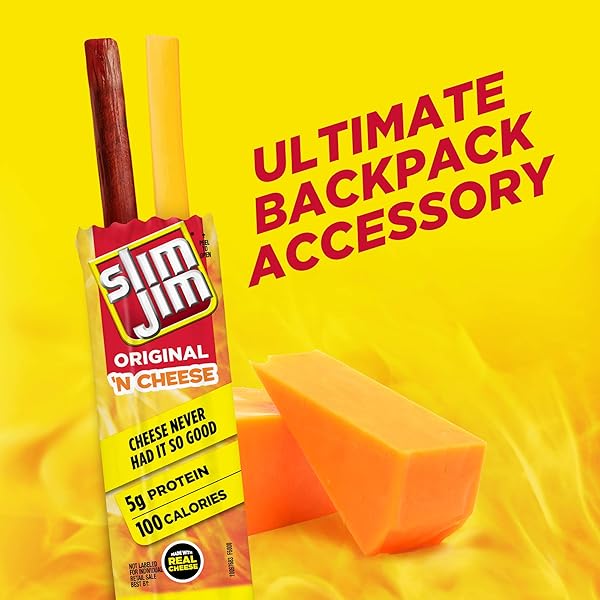 SLIM JIM BEEF ‘N CHEESE SMOKED MEAT STICKS, ORIGINAL FLAVOR, 5G PROTEIN PER SERVING, SNACK SIZE, EASTER BASKET STUFFER, 0.9 OZ. (10 COUNT)