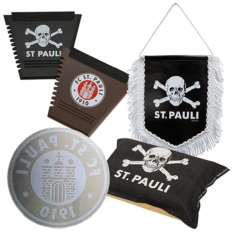 FC St. Pauli 5-teiliges Auto-Set Innen - Auto-Aufkleber, 2 Eiskratzer, Scheibenschwamm, Wimpel Totenkopf Logo