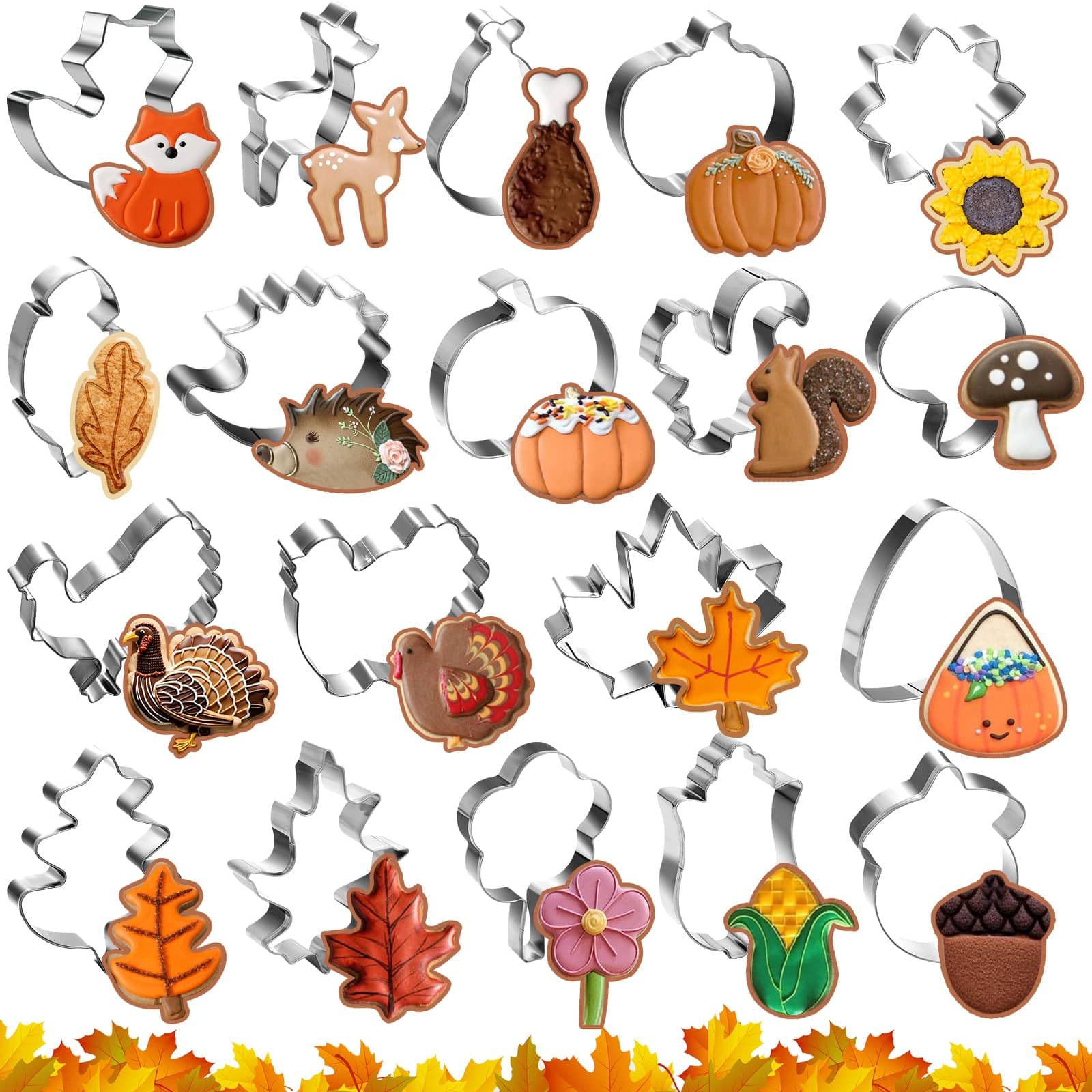 Photo 1 of 19 Pieces Thanksgiving Fall Cookie Cutters Pumpkin Holiday Baking Cutter Stainless Steel Autumn Maple Leaf Cookies Cutter, Turkey, Corn, Squirrel, Acorn And Sunflower